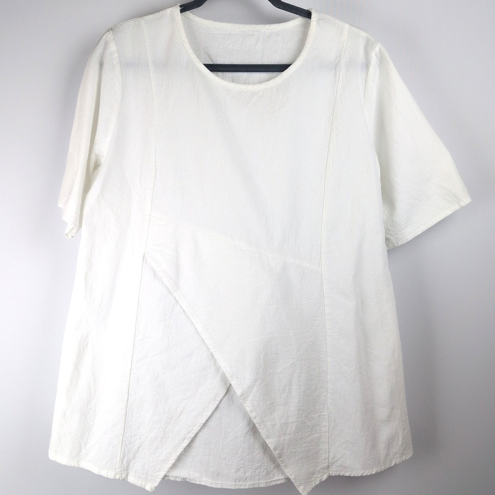 Pantalon Women XXL Tunic Top White Asymmetric Crossover Hem Short Sleeve Cotton